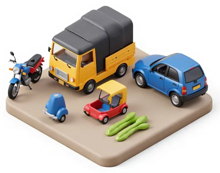 Boda boda, tuk tuk, pickup truck and car